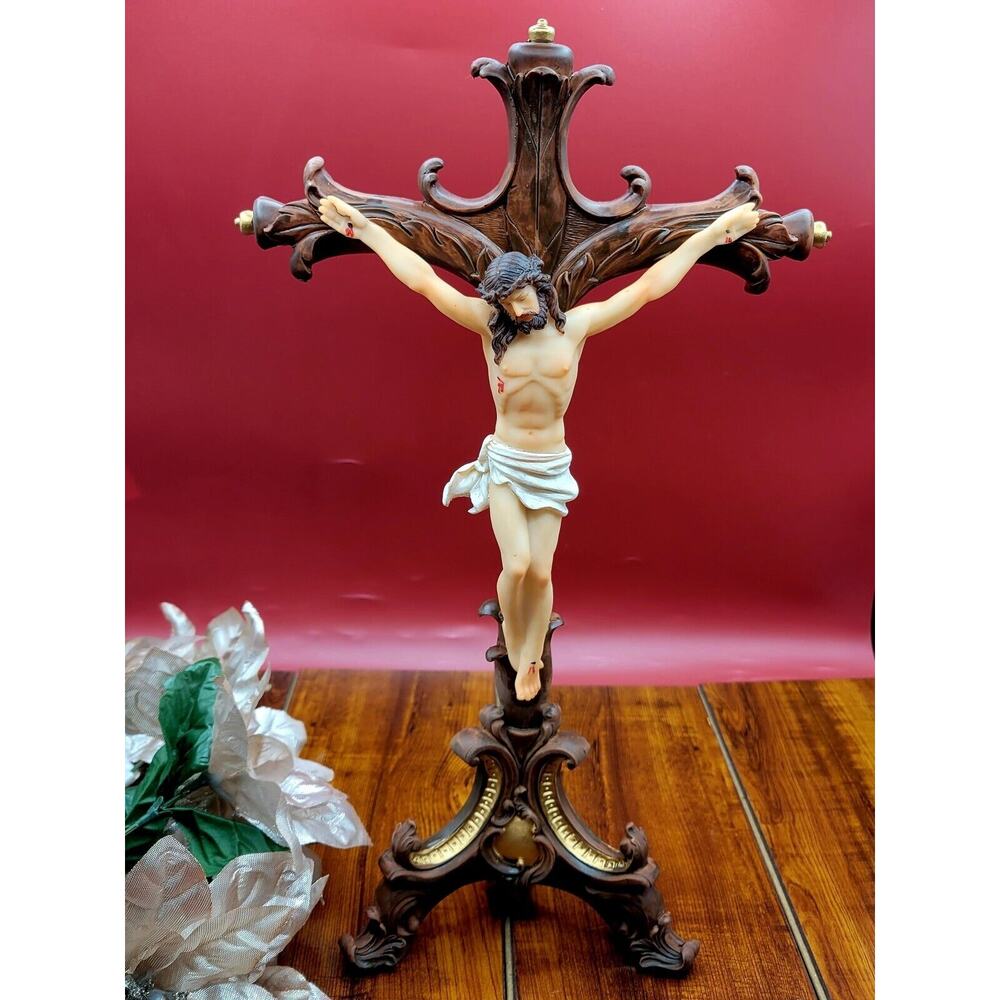 INRI Crucifix Table Stand Altar Piece Antique wood look Finish Gold Accents